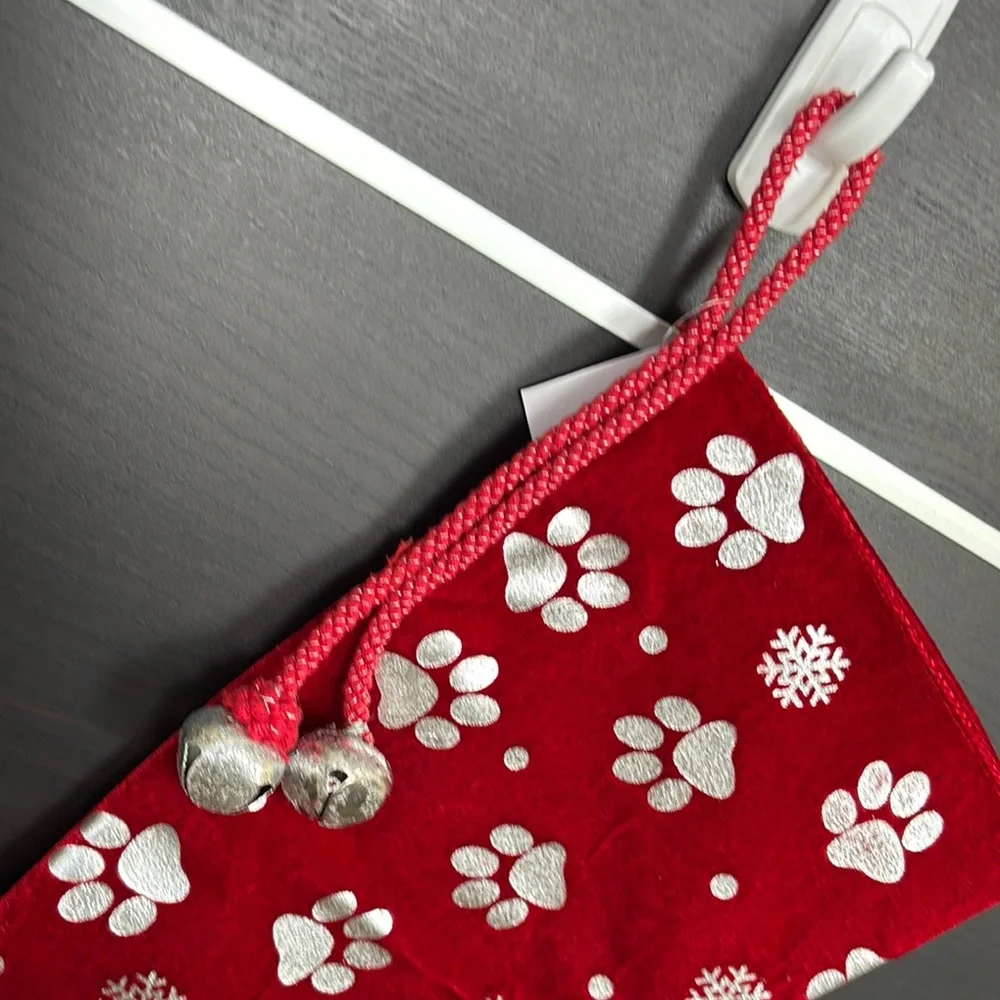 Loving Kindness Pet Stocking Red with Silver Paw Prints and Snowflakes